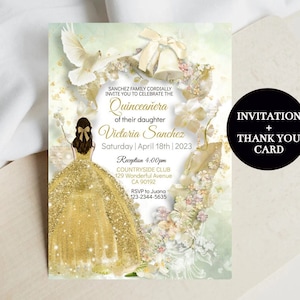 Editable Quinceañera Invitation Digital Template Gold Greenery Floral Princess Enchanted Garden Invite Mis XV Quince Años Sweet 16 Download