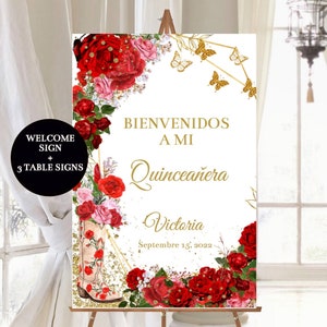 DIY Editable Red Charro Welcome Sign Gold Red Roses Quinceañera Guest Poster Centerpiece, Quince Charra Mexican Template, Digital Download