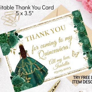 Tarjeta de Agradecimiento Quinceañera, Plantilla Editable DIY Oro Verde Esmeralda Mis XV Quince Princesa Charro, Dulce Dieciséis 16 Nota, Digital, Descargar