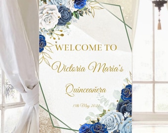 Blue Floral Quinceañera Welcome Sign, Gold Birthday (Editable Template, Digital Download)