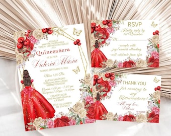 Quinceañera Invitation, Red Rose Champagne Beige Princess Butterfly 15th Birthday Card, Digital Editable Template, Mis XV Quince, Sweet 16