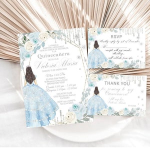 Quinceañera Invitation, Winter Wonderland 15th Princess Birthday Card Ice Light Blue Silver, Digital Editable Template, Mis Quince, Sweet 16