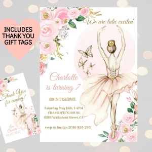 Ballerina Birthday Invitation Editable Template Party Invite Ballet Dance Pink Roses Gold Tutu Swan Printable Digital Invitation Download