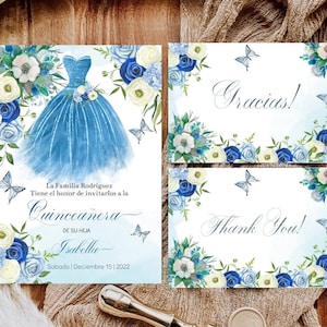 Blue Floral Quinceañera Birthday Invitation Editable Template Princess Dress, Butterfly Printable Invite Mis XV Quince Años Instant Download