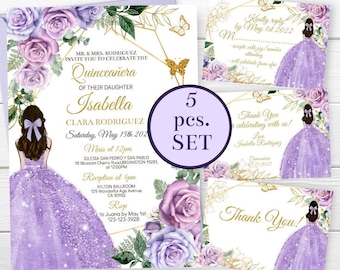 Set Quinceañera Invitation Purple and Gold 15th Girl Party Floral Lilac Mis Quince Años Invitaciones Digital, Editable Template Download
