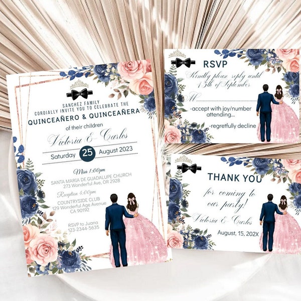 Twins Boy Girl Quinceañera Invitation, Editable Template, Navy Blue Pink, 15 Birthday Card Digital Invite, Princess Mis XV Sweet 16 Download