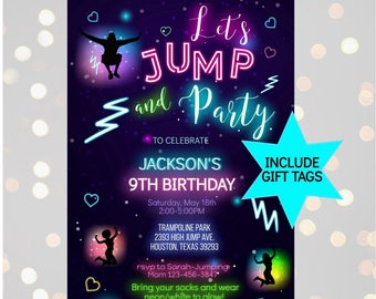 Convite de aniversário Jump, etiquetas para lembrancinhas, modelo editável, castelo inflável, convite para festa infantil em trampolim, cartão para impressão, download digital