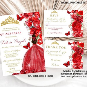 Plantilla editable de invitación de quinceañera con rosas rojas brillantes y doradas, tarjeta digital de quinceañera con diseño de mariposa para niña Mis XV, 15.° cumpleaños, descarga