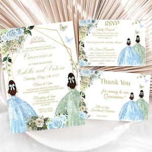 Invito Quinceañera gemelli, floreale verde salvia, invito digitale principessa 15, carta di mele cotogne Mis XV, dolce 16, download modello modificabile