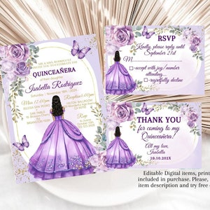 Invitación de quinceañera de rosas de lavanda púrpura, plantilla editable, tarjeta digital de 15 cumpleaños princesa Mis XV RSVP, dulce 16 descarga instantánea