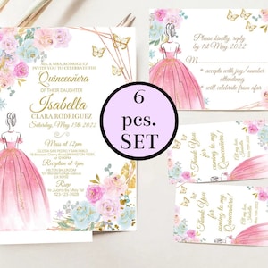 Set Quinceañera Invitation Rose Gold 15th Girl Party Floral Pastel Mis Quince Años Invitaciones Digital, Editable Template Instant Download