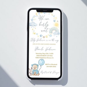 Hellblauer Teddybär-Babypartyeinladung, bearbeitbare elektronische Vorlage für Jungen, Bären-Wartezeit Mobile Textnachricht, digitaler Evite Download