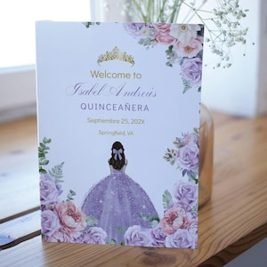 Programme de Quinceañera plié en deux, papillon floral rose pourpre, modèle MODifiable, Padrinos Damas, carte numérique d'anniversaire de l'ordre des événements Mis XV