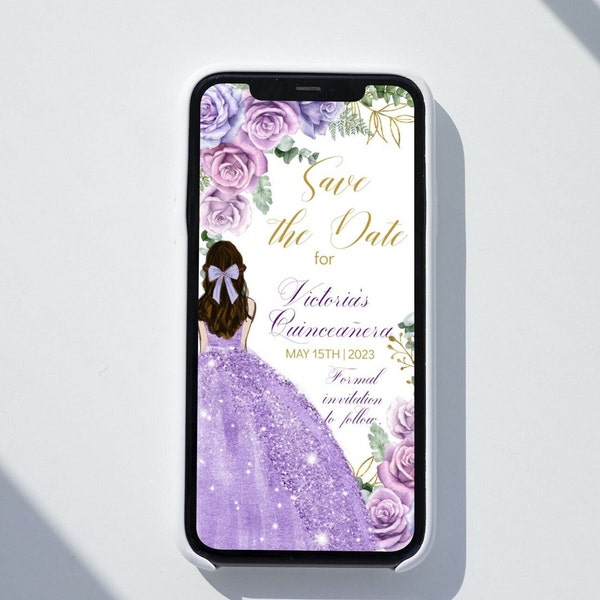 Electronic Save the Date Quinceañera, Sweet 16, Editable Template, Purple Lilac Gold, DIY Text Message Mobile Phone Mis XV, Instant Download