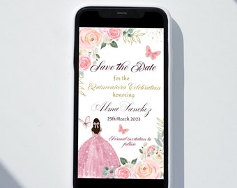 DIY Electronic Save the Date Quinceañera Evite, Blush Pink Floral Editable Template Mis Quince Butterfly Text Message Mobile, Inst Download