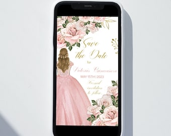 Electronic Save the Date Quinceañera, Sweet 16 DIY Editable Template, Blush Pink Gold, Text Message Mobile Phone Mis XV, Instant Download