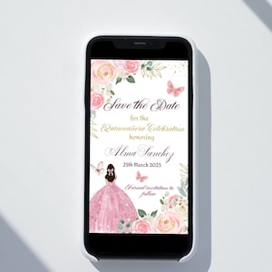 DIY Electronic Save the Date Quinceañera Evite, Blush Pink Floral Editable Template Mis Quince Butterfly Text Message Mobile, Inst Download
