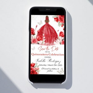 Electronic Save the Date Red Silver Quinceañera, Sweet 16 Editable Template Mobile Phone Text Message Mis XV Digital Evite, Instant Download