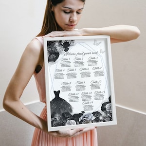 DIY EDITABLE Seating Chart Quinceañera, Table Plan 15 Sweet Sixteen 16, Black Silver Floral, Find your seat Sign Digital Imprimible, Descargar