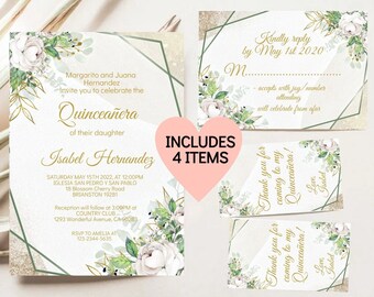 Puede incluir: Una invitación a una Quinceañera con un diseño geométrico dorado y detalles florales. La invitación incluye los nombres Margarito y Juana Hernandez, la fecha y hora del evento, y la ubicación. También incluye una tarjeta RSVP con un diseño geométrico dorado y detalles florales.