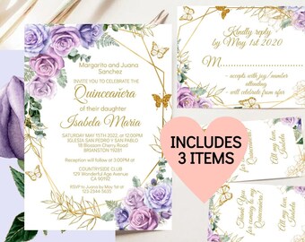 Paarse en gouden quinceañera-uitnodiging, bloemen 15e verjaardag (digitale download)