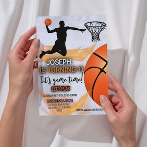 Carte numérique d'invitation d'anniversaire de basket-ball, invitation à une fête de garçon, thème sportif, sport, slam dunk athlétique, modèle modifiable bricolage, imprimable, téléchargement