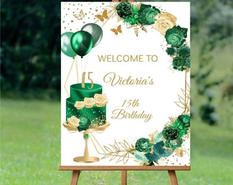 Any Age Editable Welcome Sign, Emerald Green Gold Welcome Guest Poster, Centerpiece Quinceañera Sweet 16, Digital Template, Instant Download