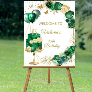 Any Age Editable Welcome Sign, Emerald Green Gold Welcome Guest Poster, Centerpiece Quinceañera Sweet 16, Digital Template, Instant Download