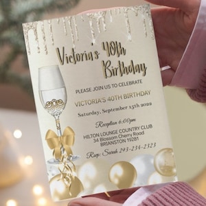 Invitación elegante para cualquier evento, plantilla editable, invitación digital para cumpleaños de mujer adulta, 40.º y 50.º aniversario, champán festivo, descarga instantánea en Corjl.