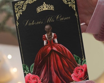 Convite de Quinceañera com Rosas Vermelhas e Coroa Dourada, Modelo Editável, Princesa XV (Impressão Digital)