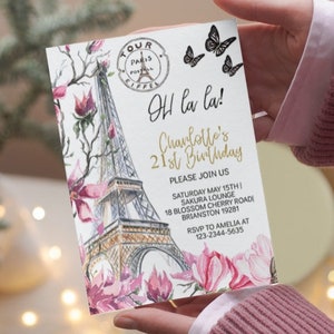 Paris Birthday Invitation, Eiffel Tower Editable Template Sweet Sixteen Party 21st 15th girl, pink floral digital invites instant download