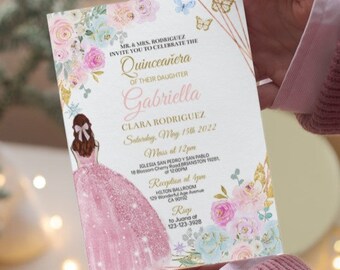 Quinceañera Invitation Pastel Blush Pink Gold, Princess Invite, Butterfly Mis Quince XV Invite,  DIY Editable Template, Digital, Download