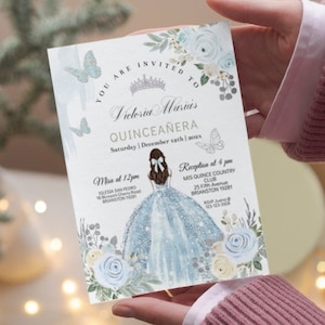 Invito per la Quinceañera, con fiori azzurri, per la festa dei 16 anni, la principessa del quindicesimo compleanno, la signorina XV Quince, modello modificabile fai da te, biglietto digitale stampabile da scaricare