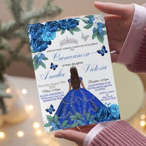 Quinceañera Invitation Royal Blue Silver Floral Editable Template Princess Mis XV Quince Años Butterfly Invite, 15th Birthday Card, Download