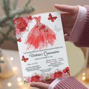 Quinceañera Invitation, Bright Red Floral Princess Dress Butterfly, Digital Invite, Mis XV Quince, Sweet 16, DIY Editable Template, Download