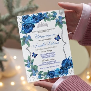 3 Items Royal Blue Floral Quinceañera Birthday Invitation Editable Template Glitter Butterfly Printable Invite Mis XV Quince Años, Download