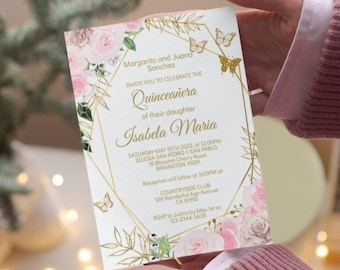 Blush Pink Rose Quinceañera Invitation, Gold Butterfly (Digital Download)