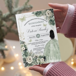 Salbeigrün Quinceaña Einladung, Blumen einladen, bearbeitbare Vorlage, 15 Geburtstag, digitale Karte Schmetterling, Prinzessin Krone Sweet 16, Herunterladen