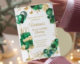 Invito di compleanno fai-da-te modificabile per qualsiasi età, verde smeraldo e oro, stampabile in digitale, per festeggiare i 100 anni, i 21 anni, i 16 anni, download immediato.