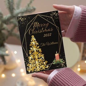 Christmas Greeting Card Editable Template, Winter Holiday Digital Card, Wreath Gold Christmas Tree Greetings Printable Card Instant Download