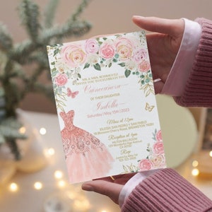 Modelo editável de convite de Quinceañera com 3 itens Blush Pink Floral, vestido de princesa Mis XV Quince Años, borboleta rosa ouro, download digital