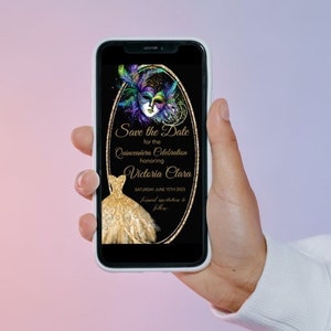 Masquerade Ball Electronic Save the Date Quinceañera Evite Sweet 16, DIY Editable Template, 15th Text Message Mobile Phone, Instant Download