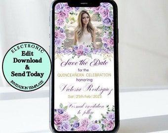 Elektronische Bearbeitbare Vorlage Save the Date Quinceañera Foto Evite Lila Flieder Blumen Text Nachricht Telefon Mis XV Años, Sweet 16 15 Download