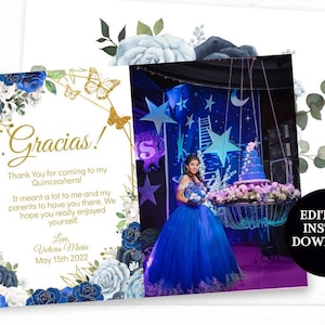 Quinceañera Thank You Card Photo, Royal Blue Rose Gold, Butterfly Navy Mis Quince XV Años DIY Modello modificabile digitale stampabile Scarica