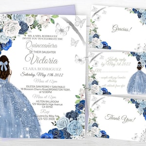 Invito Quinceañera, Modificabile fai da te, Baby Blue Floral Princess Butterfly, Mis Quince XV Años, Modello digitale, Sweet 16, Download digitale