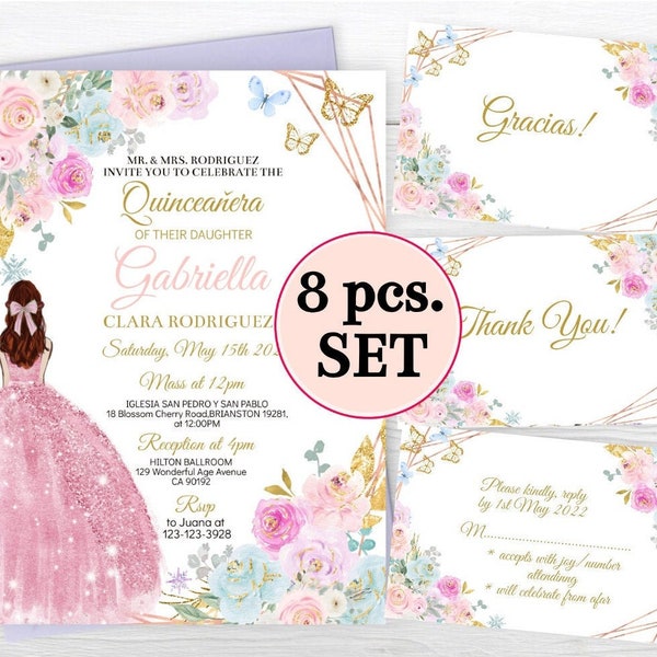 Set Quinceañera Invitation Blush Pink Gold, Floral Rose Princess avec Butterfly, Mis Quince Anos Editable Template, Spanish Birthday Digital