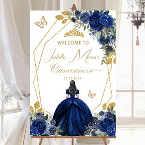Modello modificabile segno di benvenuto Quinceañera Navy Blue Gold Floral, Princess Tiara Butterfly, Mis XV Quince, Sweet 16 15 Guest Poster Download