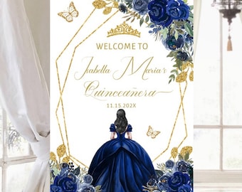 Redigerbar mall för välkomstskylt Quinceañera Marinblå guldblommor, Prinsessdiadem Fjäril, Miss XV Quince, Sweet 16 15 gästaffisch för nedladdning