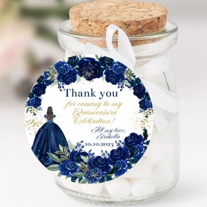 Etiqueta de agradecimento para convidado de Quinceañera, modelo editável DIY redondo, floral azul marinho, marmelo Mis XV, doce 16, 15 download digital para impressão