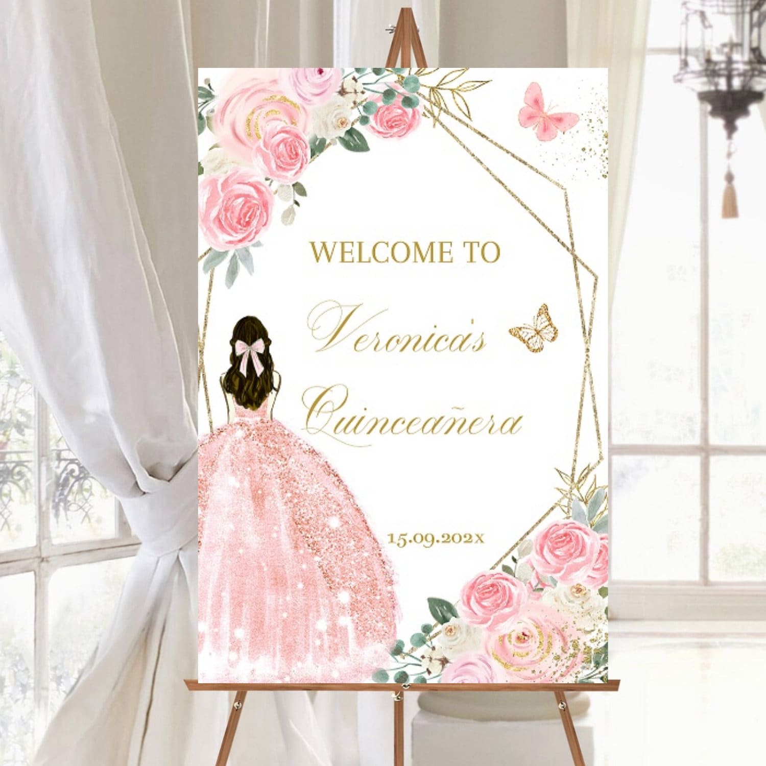 Quinceañera Welcome Sign, Pink Gold Floral, Princess XV Butterfly Signage, Sweet 16 Guest, Editable Template, Digital Printable, Download